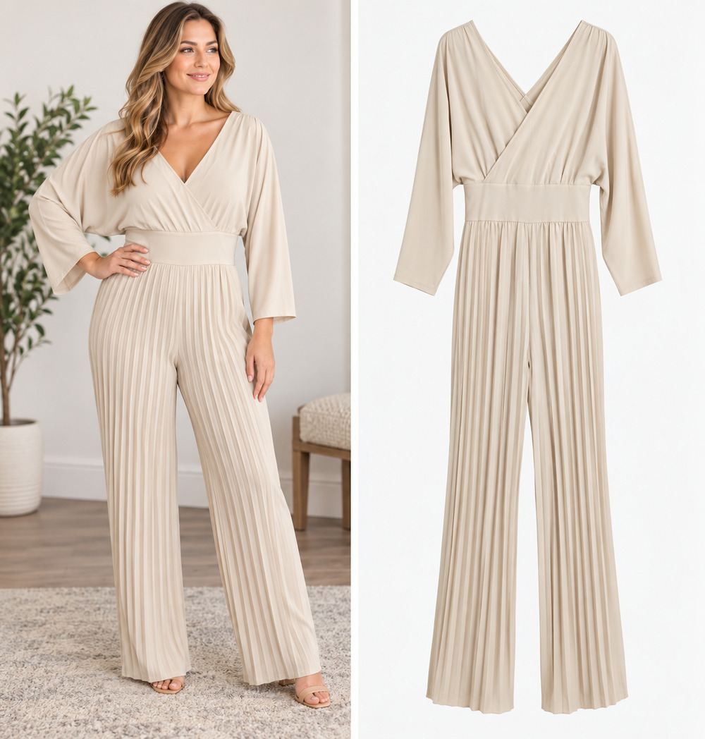 Ivory Pleated Wide Leg Wrap Jumpsuit – XL